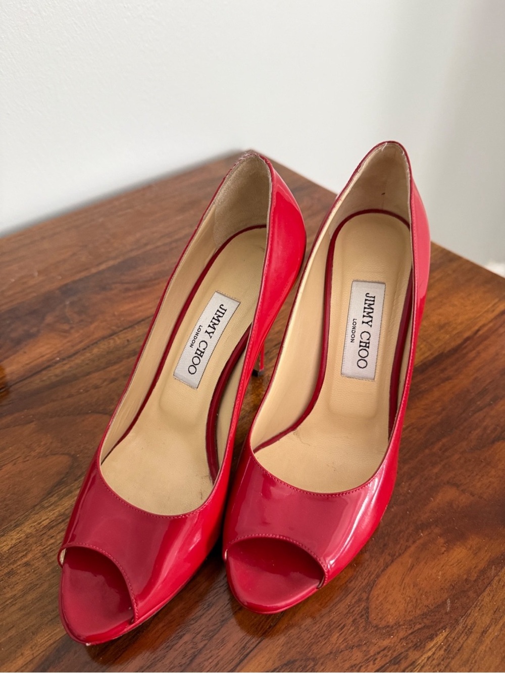 Jimmy Choo Red Patent Leather Peep Toe Platform Pumps Heels